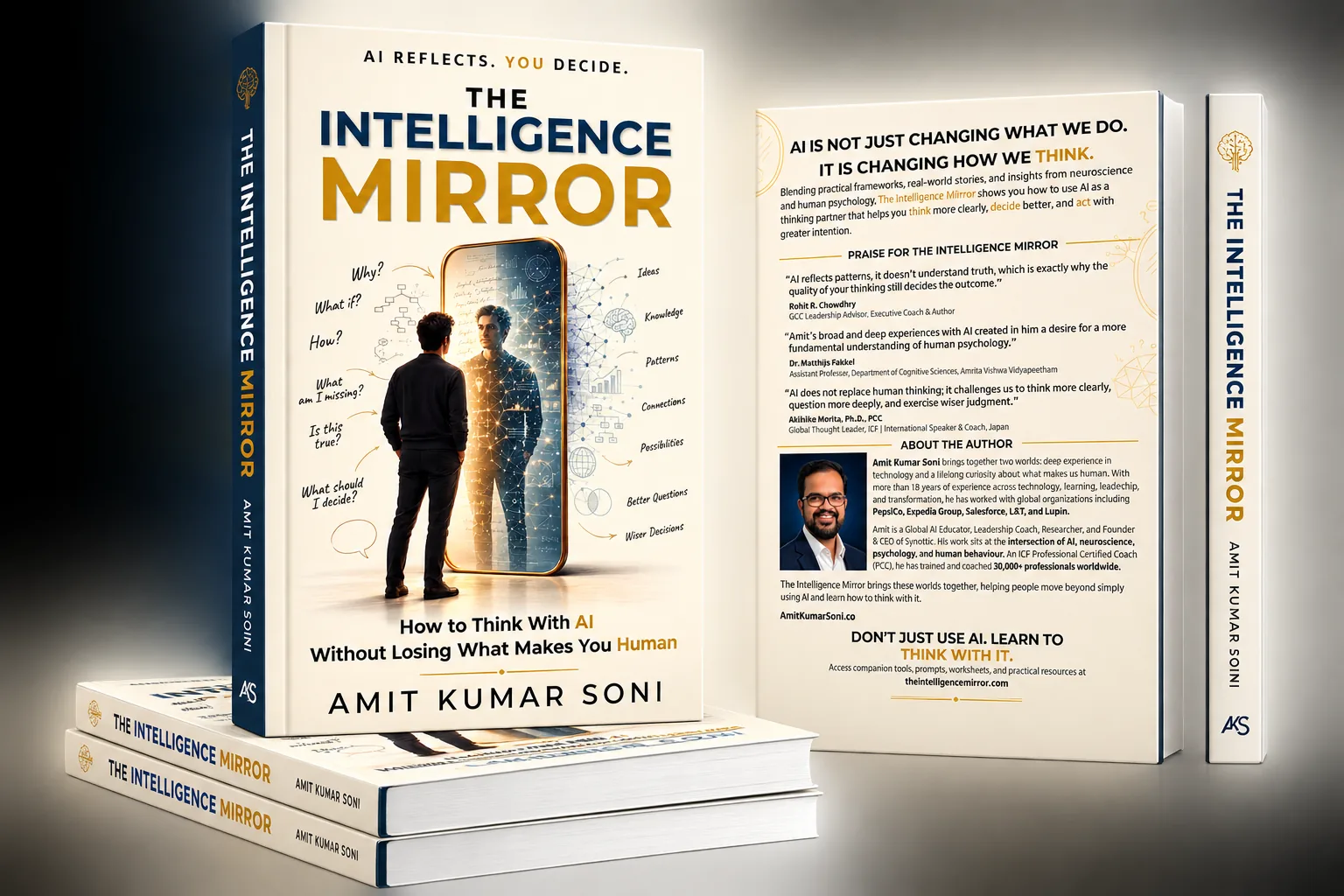 The Intelligence Mirror shown front, spine, and back cover with printed praise