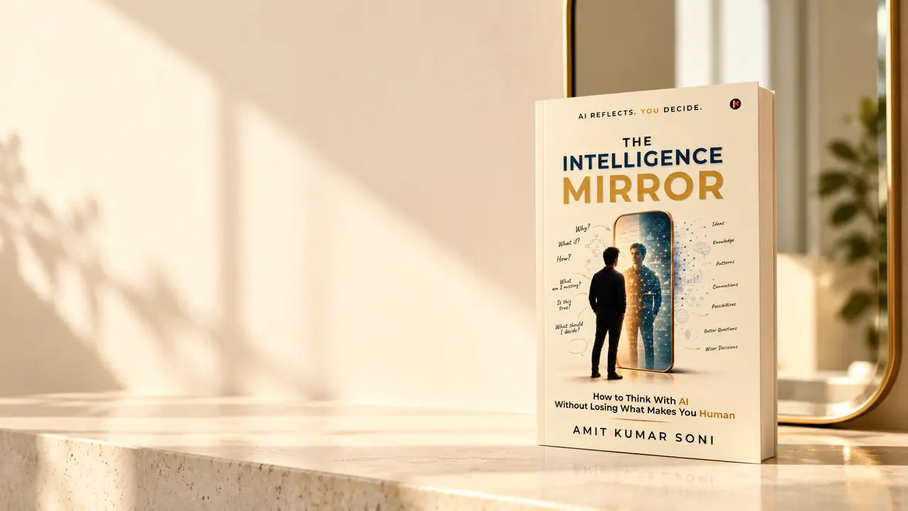The Intelligence Mirror on a stone ledge in morning light beside a gold-framed mirror